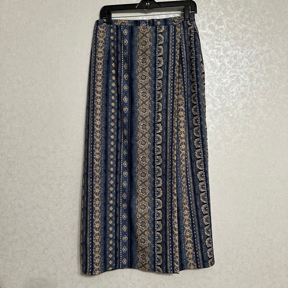 Vintage Eleanor Colton Casuals Maxi Wrap Skirt Blue Tan Patterned Sz S